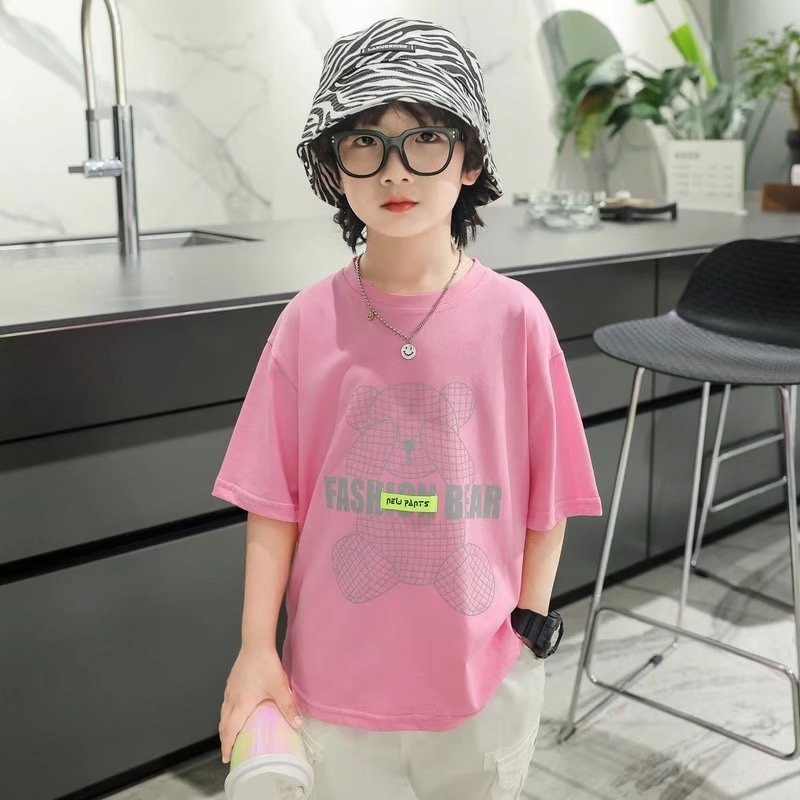 Camisa de manga curta de verão 2022 novo estilo estrangeiro das crianças meia manga tripulação pescoço impressão urso meninos roupas branco: T03-Pink / 100