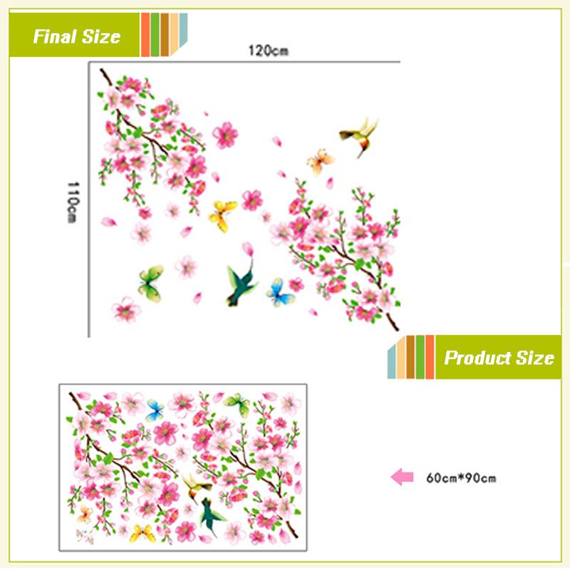 3D Roze Verwijderbare Perzik Pruim Kersenbloesem Bloem Vlinder Vinyl Sticker Muur Thuis Sticker Room Decor