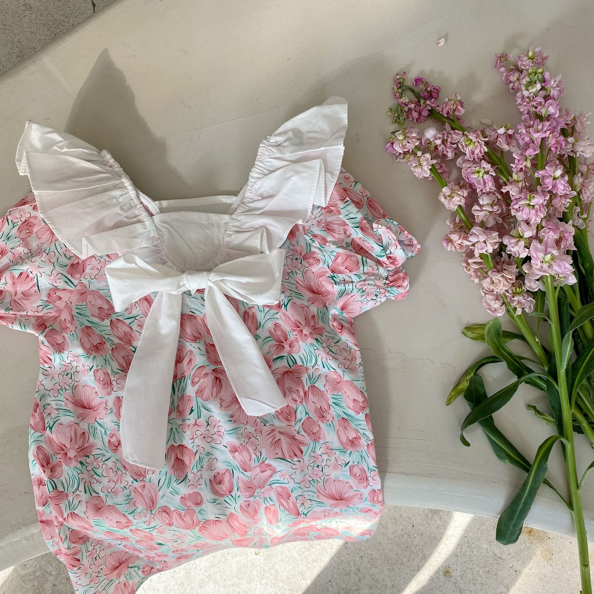 2068B Girl Dress Summer 2022 Short Sleeve Korean Floral Dress Cotton Princess Flying Sleeve Dress Children's Dress: Pink / 80 for 1y