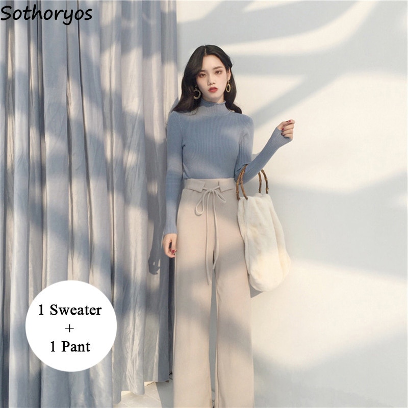 Women Sets Winter Turtleneck Elastic Solid All-match Korean Style Clothes Loose Drawstring Trousers Womens Two Piece Set