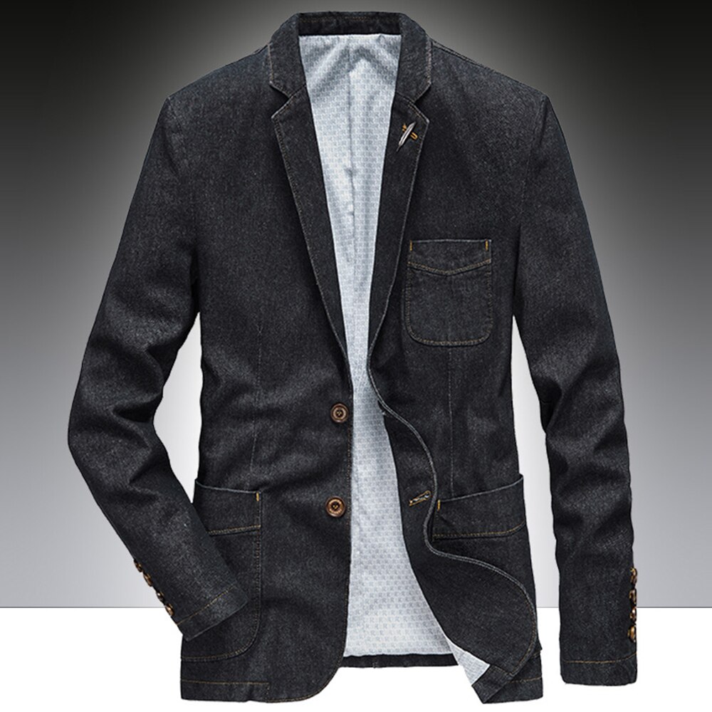 Mens Denim Blazer Men Vintage Suit Jacket Male Blue Coat Denim Jacket Men Slim Fit Jeans Blazers Outwear: Black / XXL