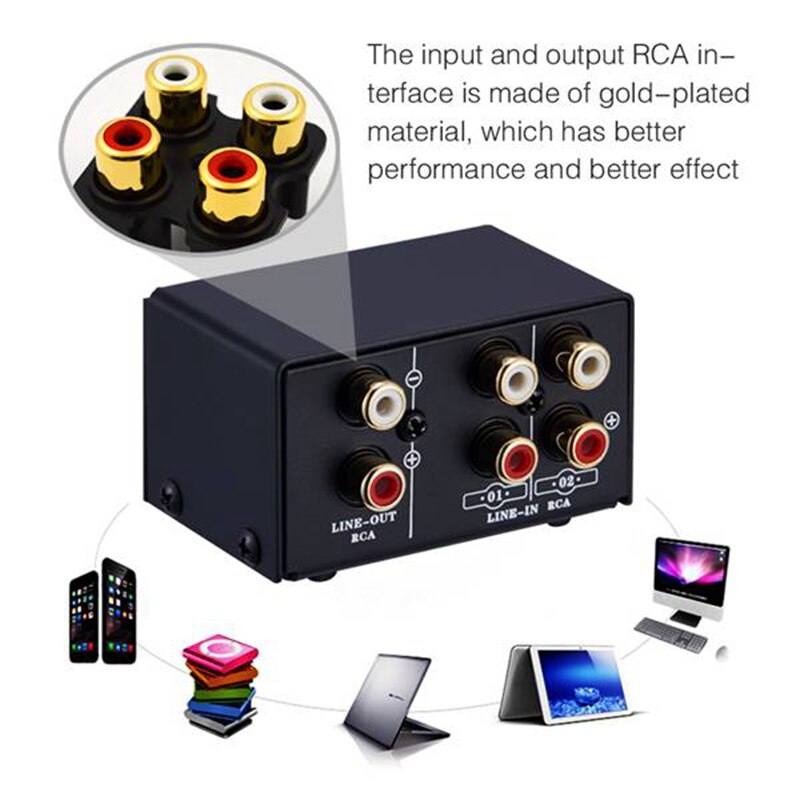 Selector de señal de fuente, conmutador, altavoz O fuente de alimentación, conmutador, sin pérdidas, interfaz RCA, 2 en 1