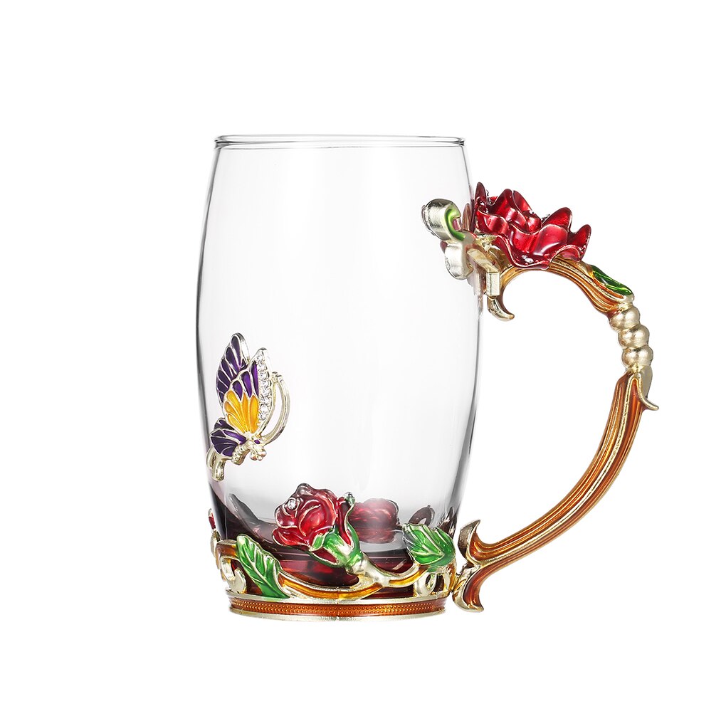 FenKicyen Enamel Glass Cup Red Blue Rose Flower Coffee Cup Wine Cocktail Glasses Tea Mug With Spoon For Lover 320-350ml 1pc