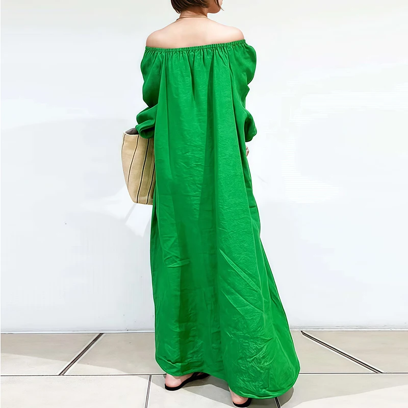 Woman Spring Back Button Slit loose Long Dress Off Shoulder Solid Colid Simple Casual Pure Cotton Linen Dresses Vintage