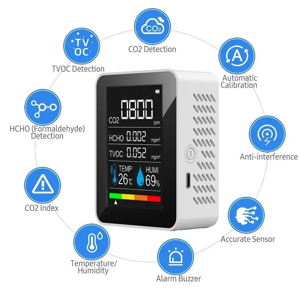 5- -i- -1 digital luftmåler tvoc formaldehyd  co2- tester med temperatur og fuktighet lcd-skjerm, oppladbar karbondioksid-luftdetektor