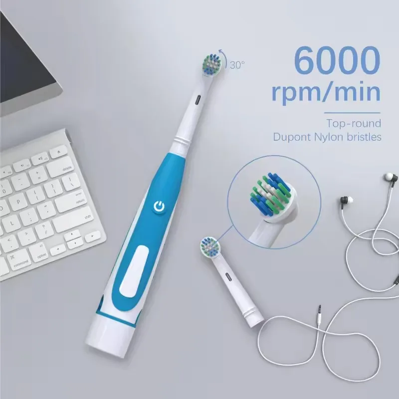 Cepillo de dientes eléctrico sónico redondeado, cepillo de dientes vibratorio 3D, rotación, cuidado de las encías, cabezales de cerdas suaves, batería, blanqueamiento dental