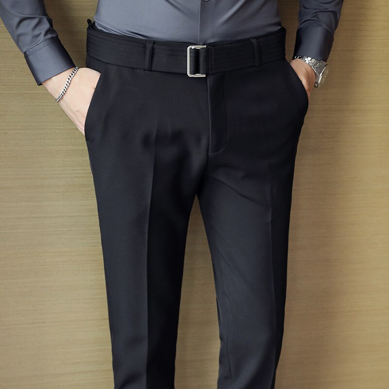 Pantalon de costume avec ceinture pour homme, Style anglais, décontracté, Slim, longueur cheville, noir, automne hiver