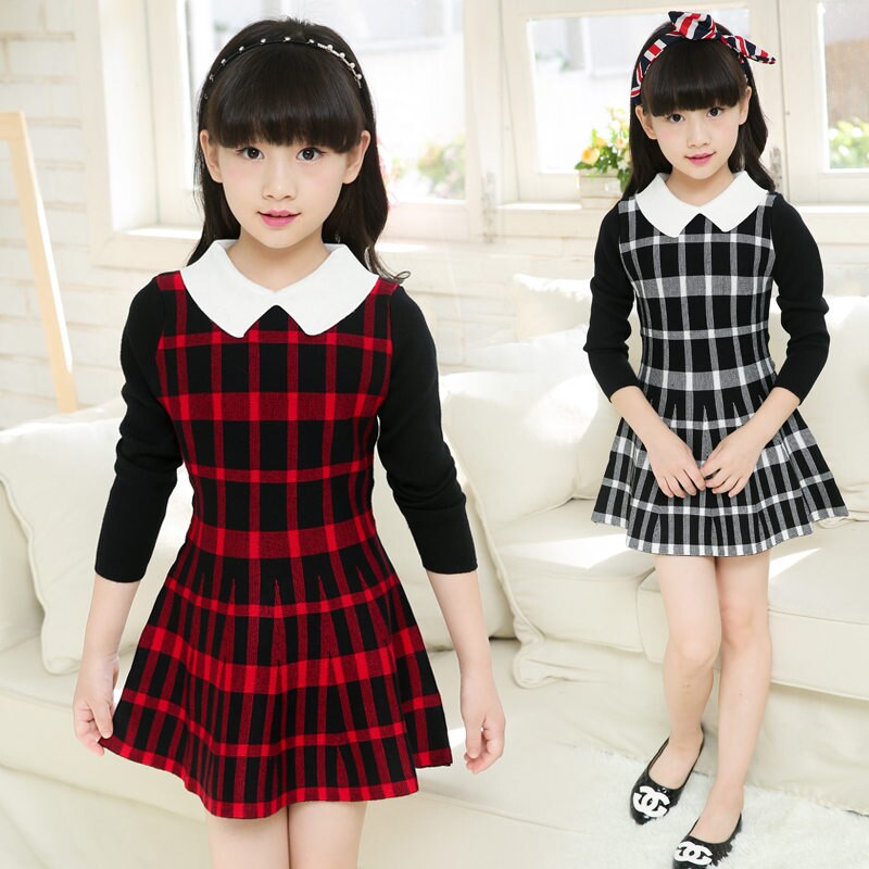 Preppy Style Kids Red Plaid School Dress Knitwear Girls Long Sleeve Cotton Knitted Dress Sweater Princess Slim Knitwear 13 To 4T