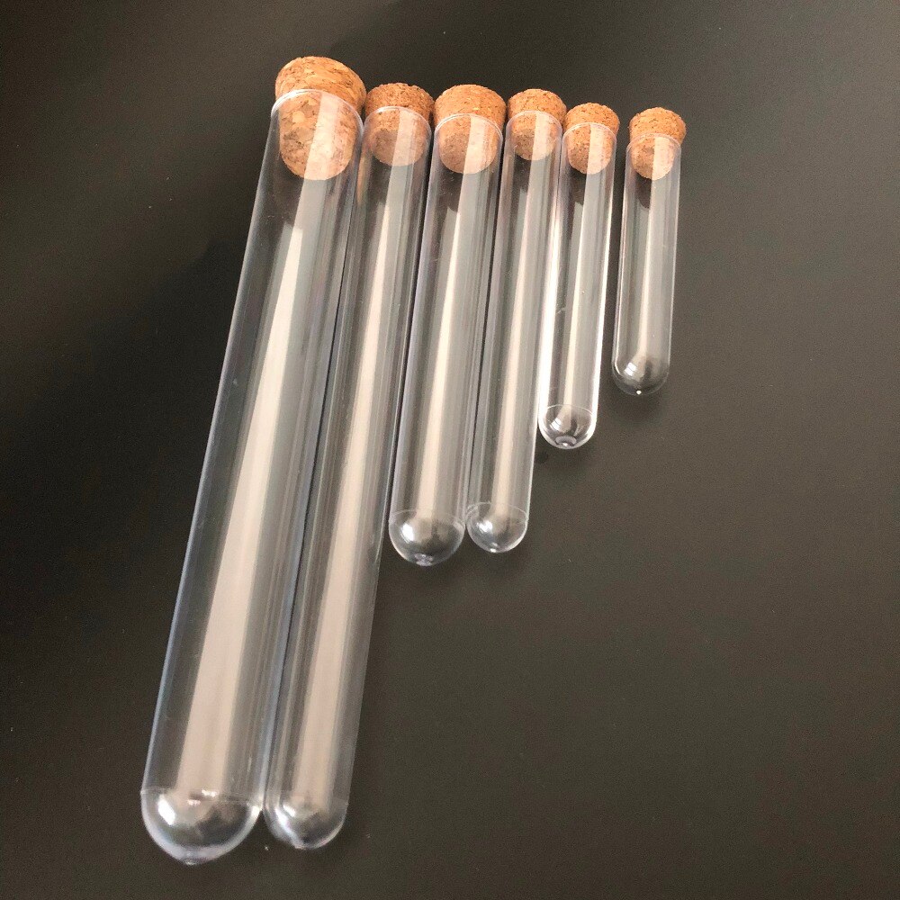50pcs 20*150mm Clear hard plastic test tube with cork round bottom Wedding favours Laboratory Chemistry Cuvette