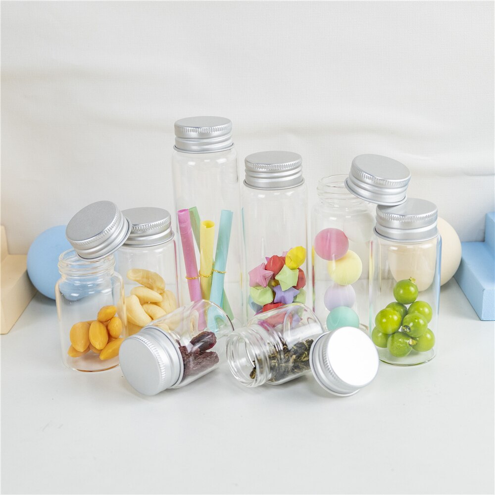 6Pc 25Ml 30Ml 40Ml 50Ml 60Ml 70Ml 80Ml 90Ml Mini Glas clear Fles Met Zilveren Schroef Aluminium Cap Voedsel Container Potten Flesjes