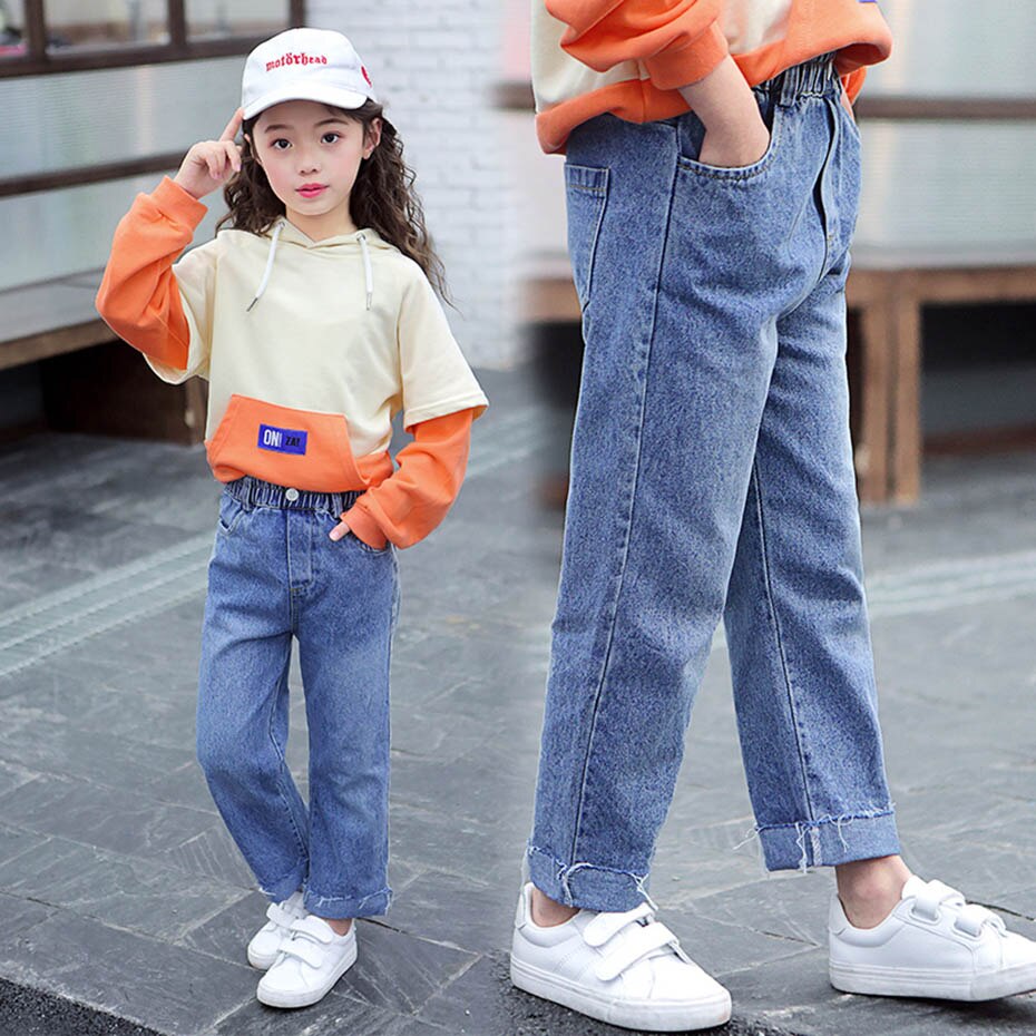 Jeans meisje effen kleur meisje jeans rechte broek voor kinderen lente herfst kinderjeans kleding 6 8 10 12 14