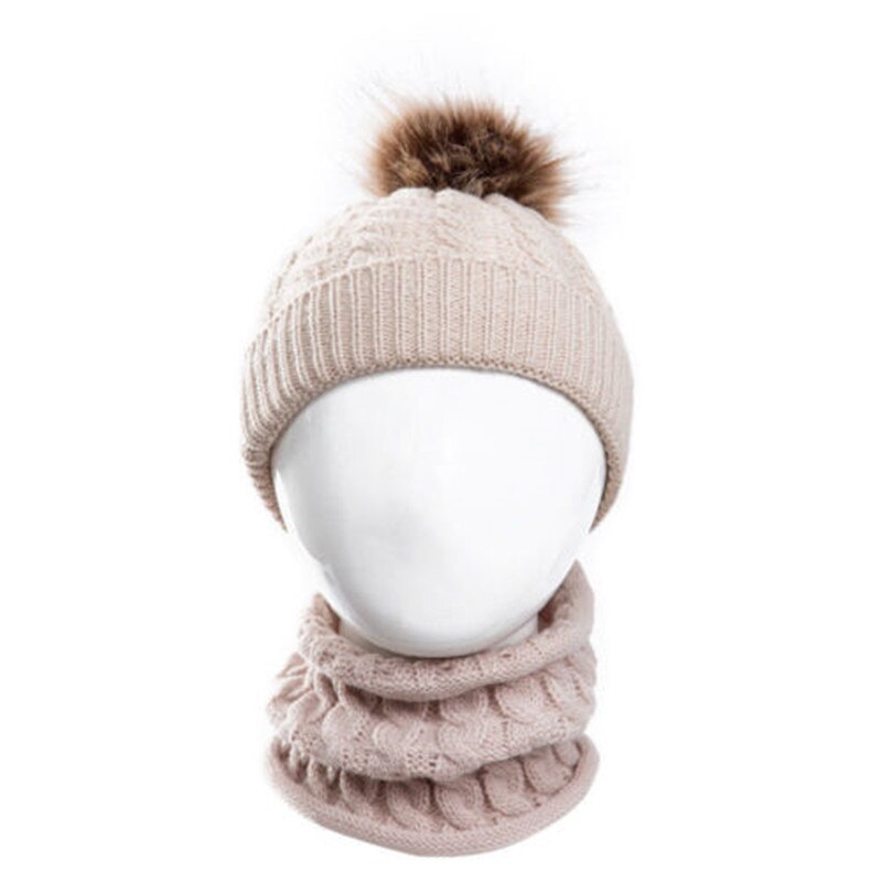 2 stk sød kid pige dreng baby spædbarn vinter varm hæklet strik hat beanie cap + tørklæde solidt sæt: Beige