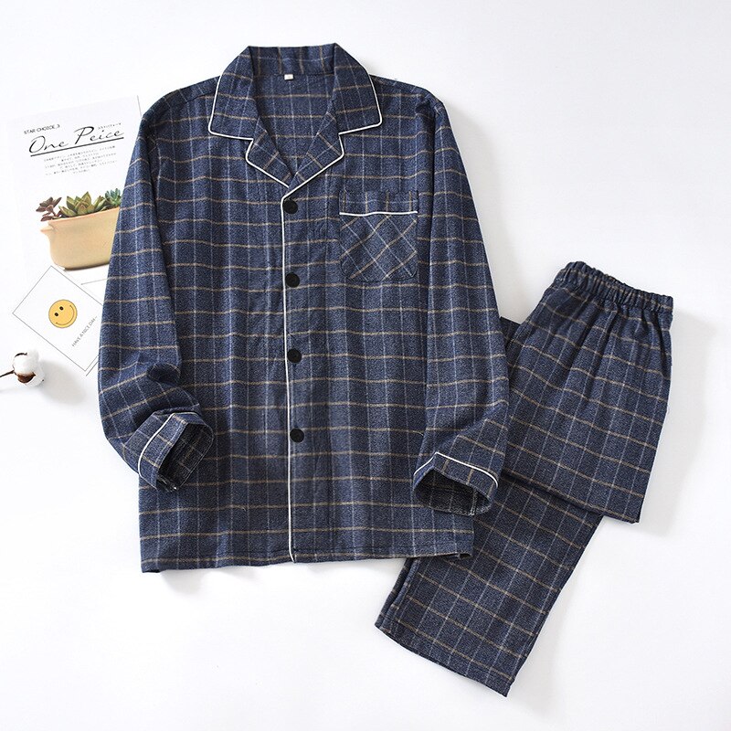 spring and autumn men's plaid pajamas, cotton flannel home service large size long-sleeved trousers soft suit sleep wear men: Blue / XL