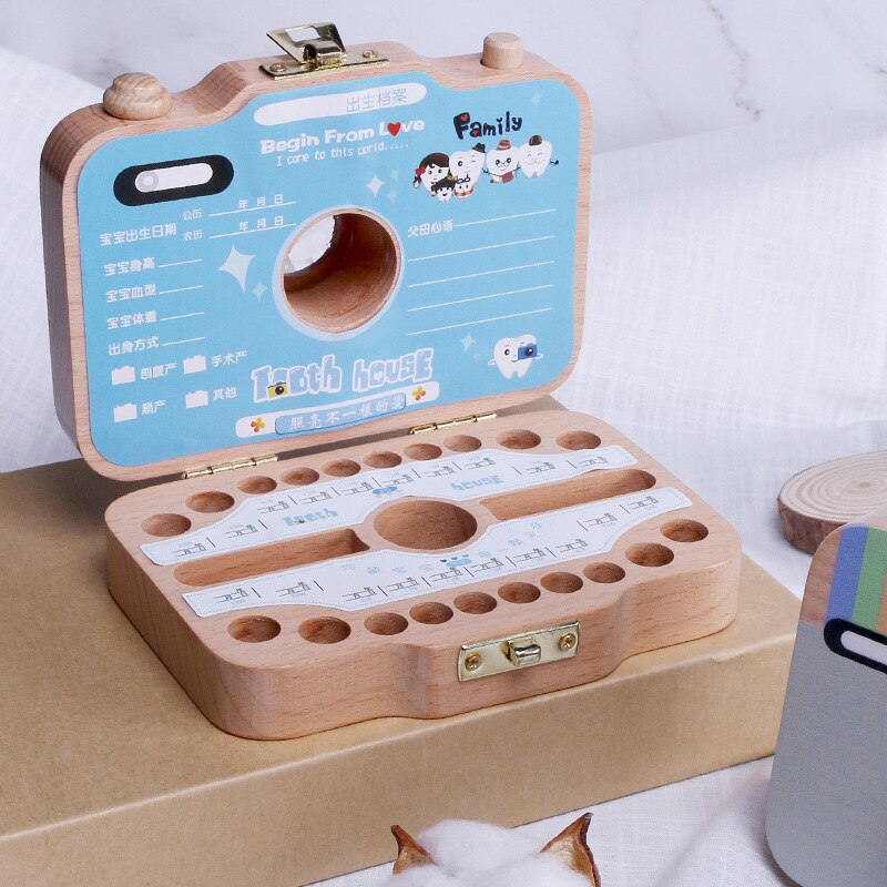 Träbarns kamera leksak baby tänder låda baby tänder förvaringslåda fosterhår bevarande minneslåda ornament dyrbara