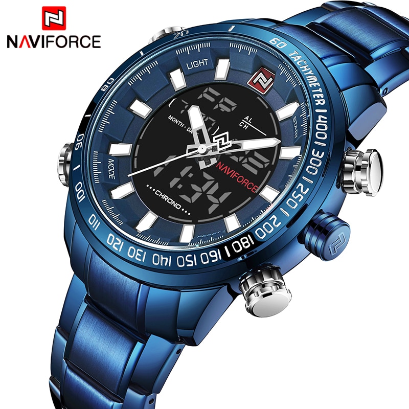 Naviforce Horloge Mannen Sport Horloges Man Volledige Staal Quartz Digitale Klok Waterdichte Mannelijke Horloge Relogio Masculino Blauw