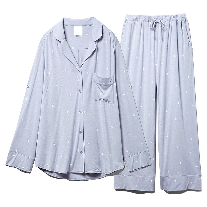 Ladies two-piece long-sleeved pajamas, comfortable modal home service suits, fashionable and simple pajamas, sleepwear: Blue