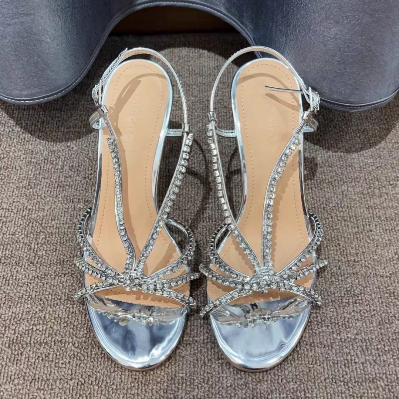 Sommar kvinnors högklackade sandaler med strass romerska sandaler öppen tå stilett sexiga högklackade slingback-skor