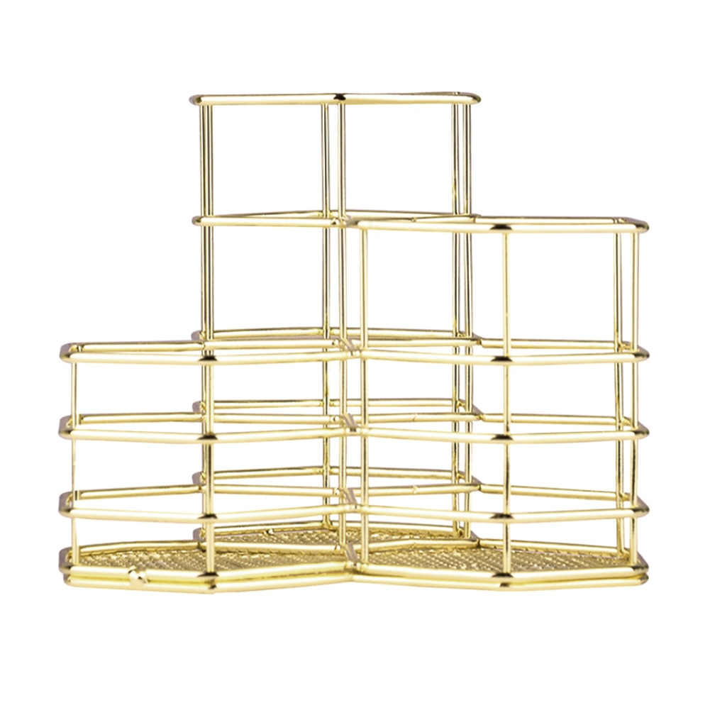 Lapicero Hexagonal duradero de escritorio, papelería, soporte hueco, jarrón de maquillaje, estantes para brochas, organizador de almacenamiento, contenedor de almacenamiento de artículos diversos para el hogar: Golden