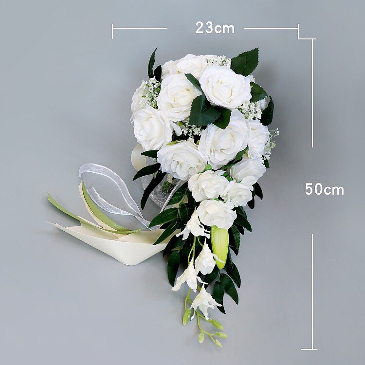 cascada Borgoña ramo blanco Artificial púrpura Ramos de flor Rosa boda accesorio para novia con flores: All white