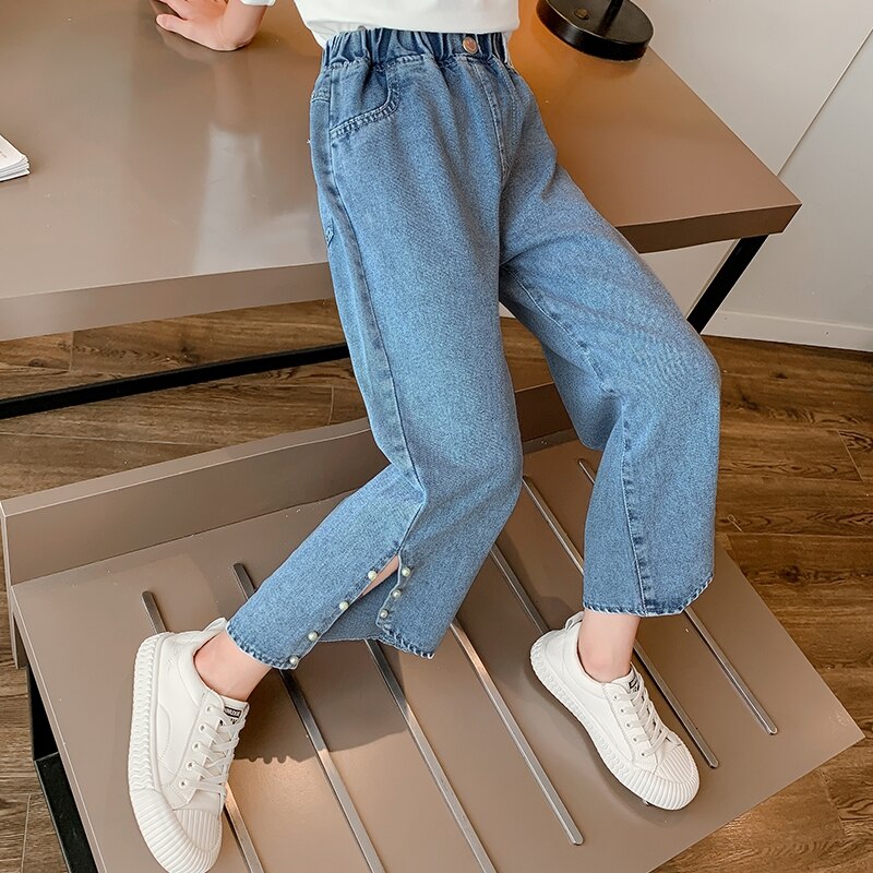 Couleur unie Style décontracté jambe large pantalon jean pour filles enfants jean Denim pantalon automne enfants filles vêtements 6 8 10 12 14 ans