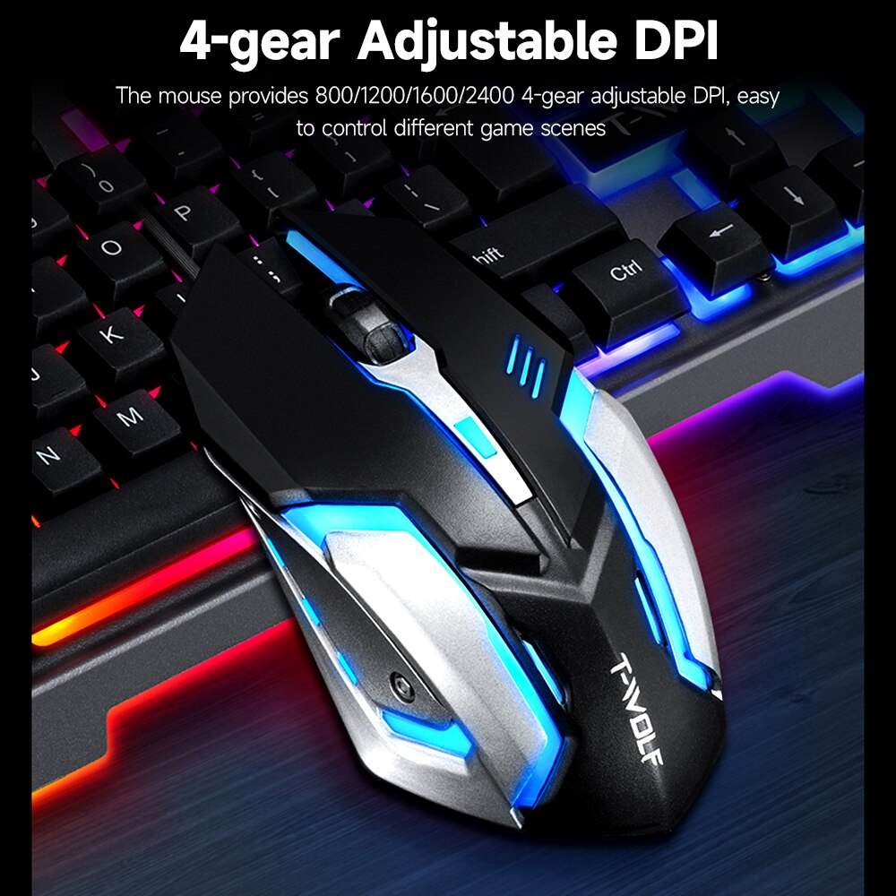 T-WOLF TF-600 Wired Keyboard Mouse Combo 104 Keys Metal Panel Gaming Keyboard Suspension Keycap 4-gear 2400DPI Mouse for Game