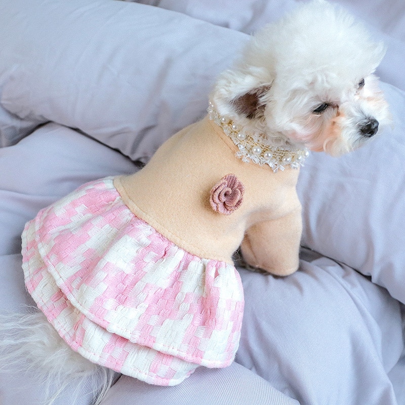 PETCIRCLE Dog Puppy Clothes Pink Plaid Flower Woolen Dress Pet Cat Fit Small Dog All season Pet Cute Costume Dog Cloth Dog Skirt