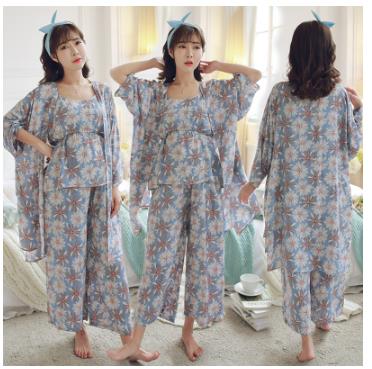Gravid pyjamas 3 stk blomsterprint kåpe+Vest+bukser mamma pleie nattøy amming pyjamas graviditet hjemme nattøy: Xl