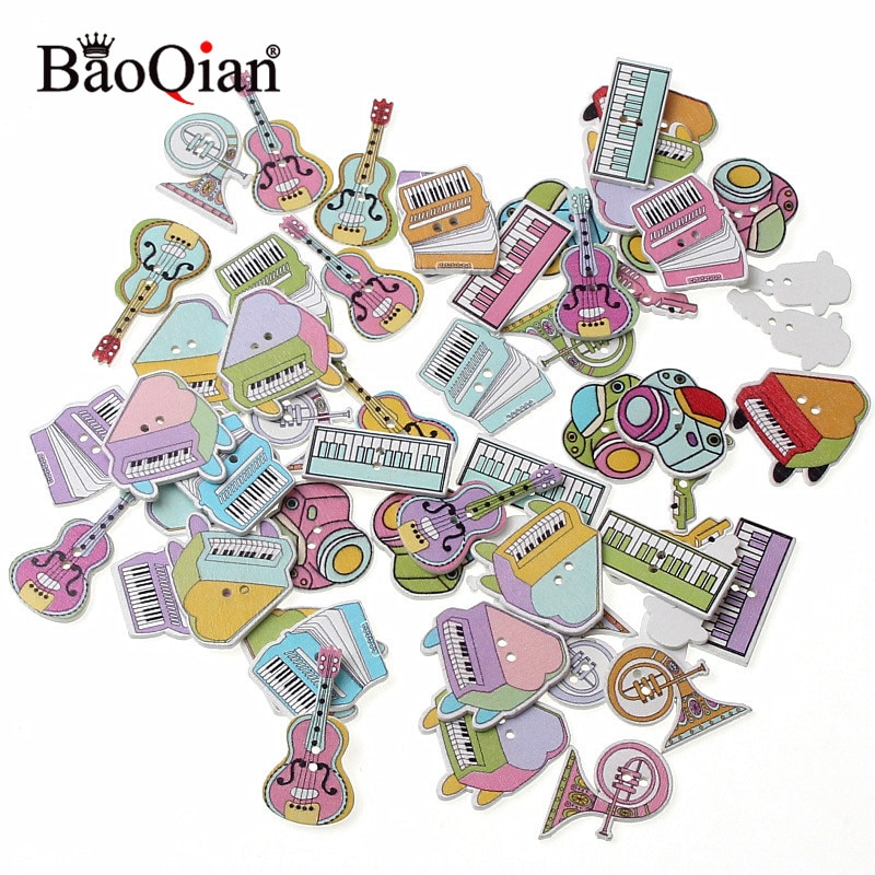 50 stuks gemengde muziekinstrumenten, houten knopen voor knutselen, scrapbooking accessoires, decoratieve houten knopen voor handwerk