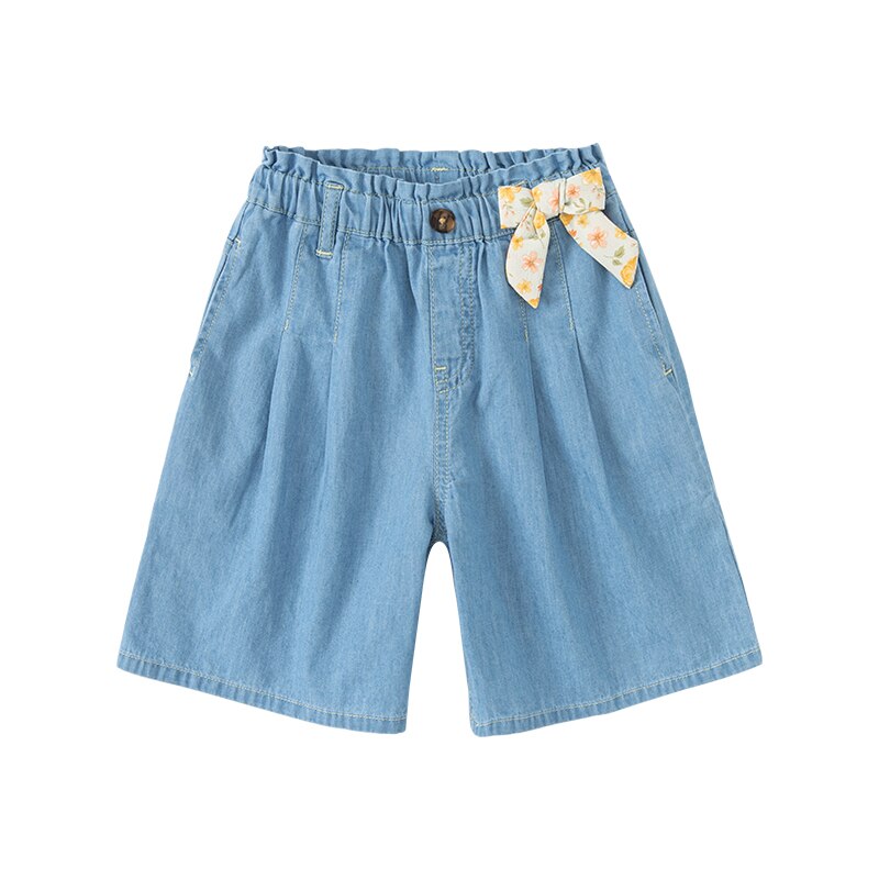 • Dave bella estate 5Y-13Y bambini ragazze moda fiocco tasche solide pantaloni boutique per bambini pantaloni casual al polpaccio: denim blue / 7Y (130cm)