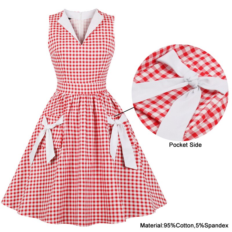 Tonval retro 50s v-ringad gingham röd rockabilly klänning kvinnor slips ficka sida bomull veckad klänning pin up vintage rutiga klänningar