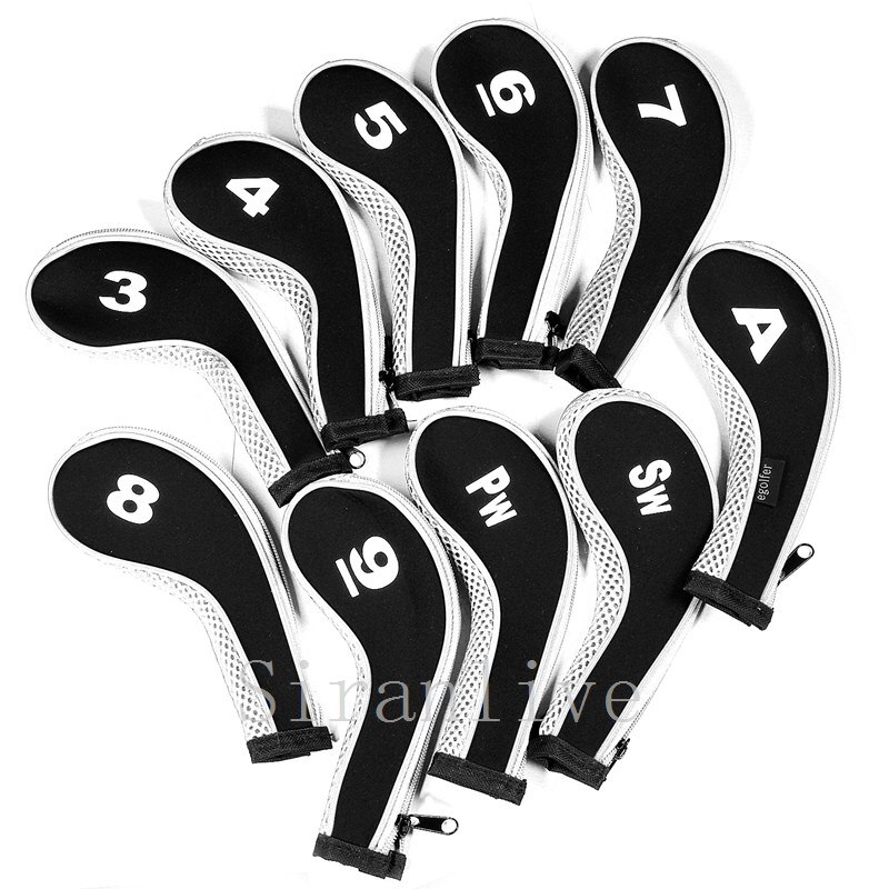 10Pcs Rubber Neoprene Golf Head Cover Golf Club Iron Putter Protect Set Number Printed with Zipper Long Neck