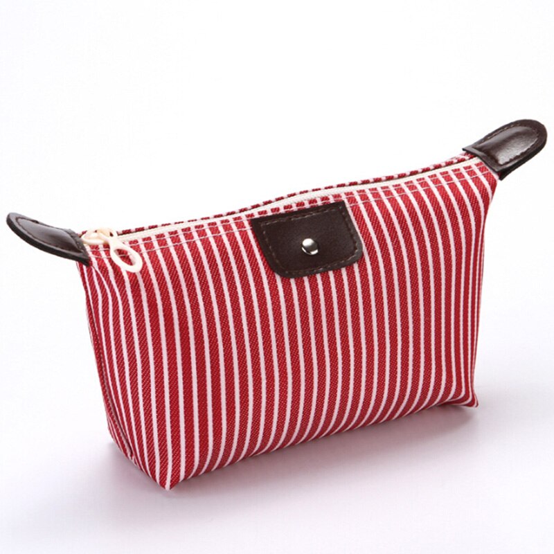 Foldable Stripes Women Travel Toiletry Make Up Cosmetic pouch bag Clutch Handbag Purses Case Makeup Bag Organizer: Red