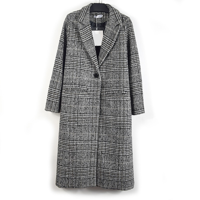 Women Wool Coat Plaid Classics Female Loose Long Single Breasted Coats 2022 Spring Autumn Jackets Trench Outerwear WJ54