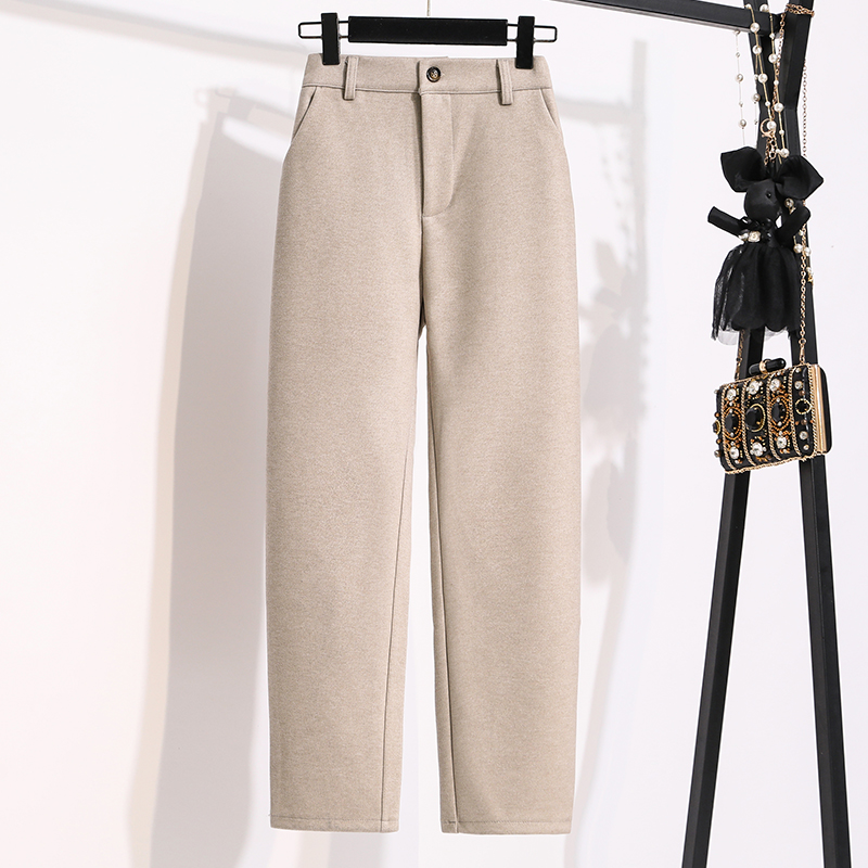 Plus Size Wollen Broek Dames 2024 Herfst Winter Nieuwkomers Beige of Zwart Pakbroek Broek Koreaanse Stijl Elastische Taille Broek: 5XL / Beige