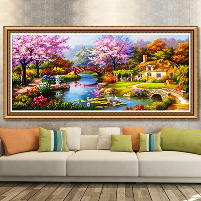 Pintura de paisaje con diamante Diy, casa de casa, bordado de diamantes, puente de árbol, cabaña, pinturas de pared para sala de estar