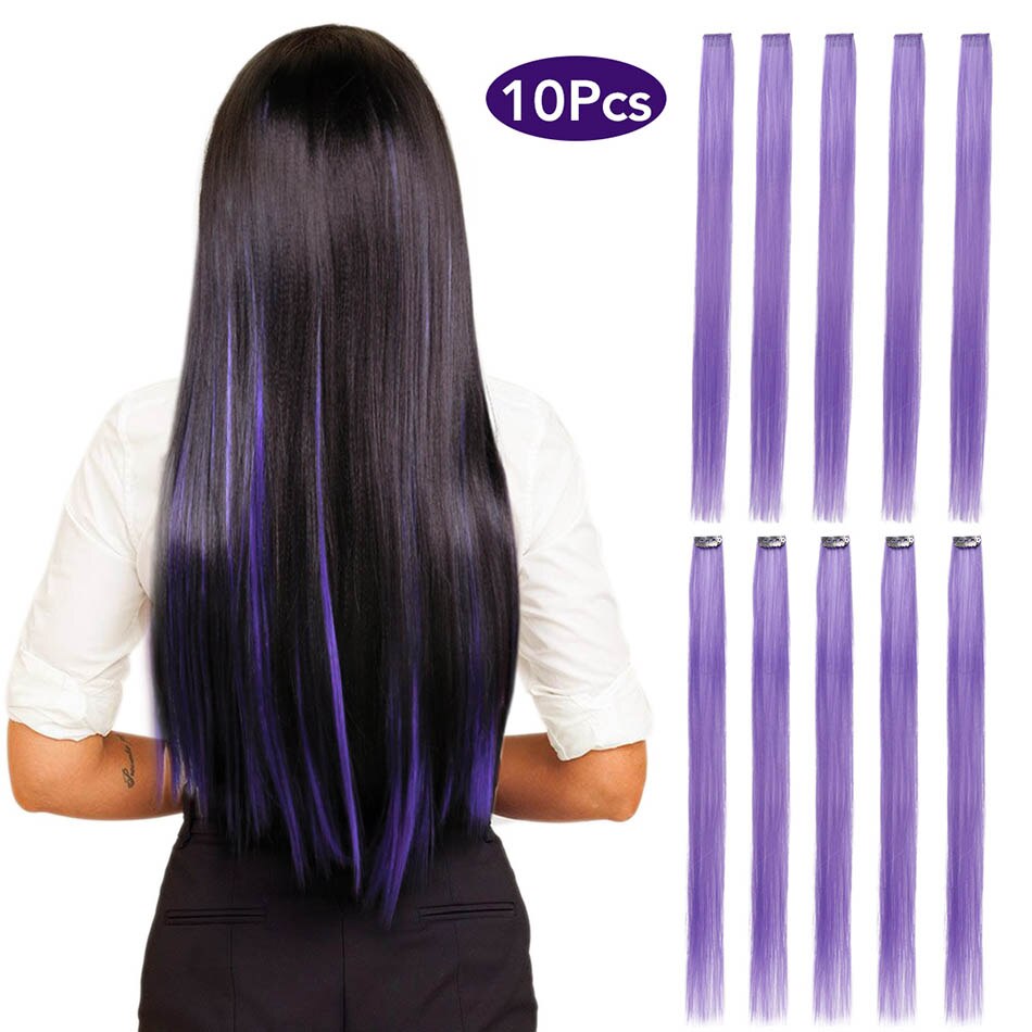 MEEPO Synthetic Hair Extensions 24 Inches Long Straight Hair 10Pieces/Set Colored Highlight Clip-In One Piece Pure Color: Lilac Purple