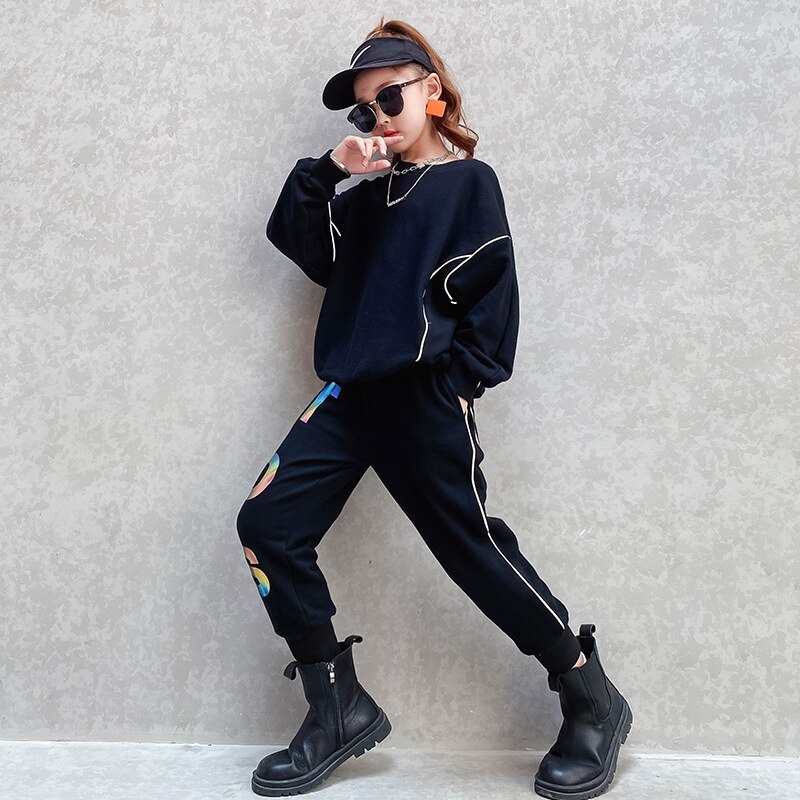 Traje deportivo para chicas adolescentes, conjunto de ropa con letras reflectantes para primavera Y otoño, chándal negro de dos piezas de Hip Hop para niños de 10 Y 12 años
