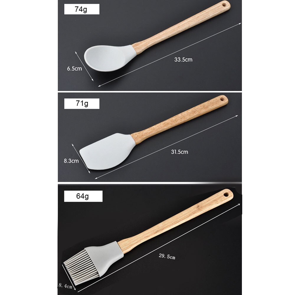 6 stk / sæt redskaber lysegrå madkvalitets silikone træhåndtag køkken madlavningsredskaber køkkengrej spatel turner slev køkkenudstyr