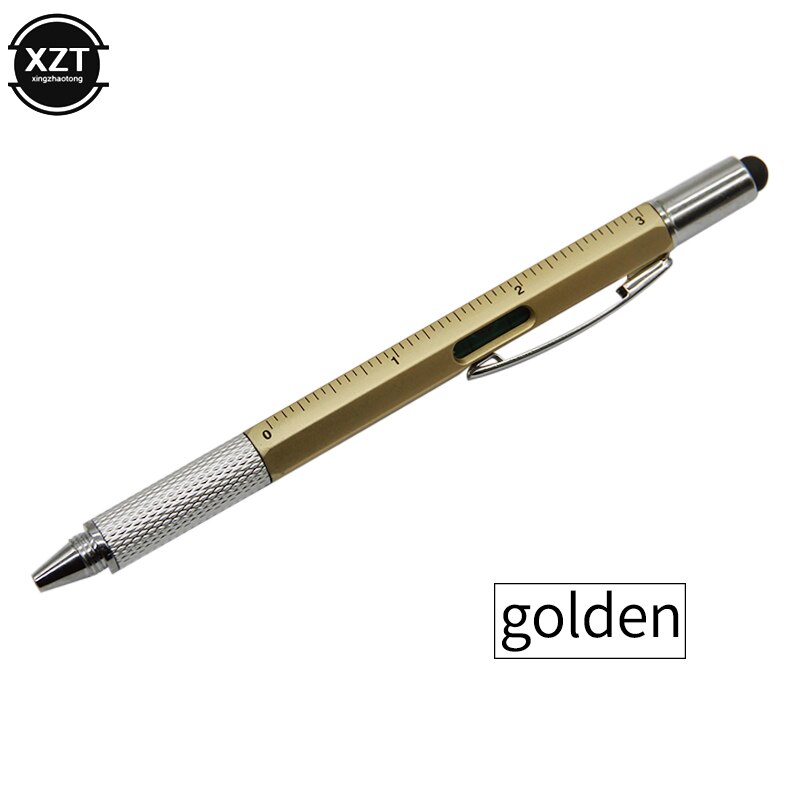 7 in 1 multifunktionel kuglepen med moderne håndholdt værktøj til måling af teknisk linealskruetrækker touch screen stylus: Guld