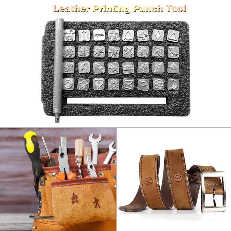 32pcs Leather Printing Punch Tools Handmade DIY Embossing Carving Leathercraft Sculpture Stamp Leather Stamping Tools