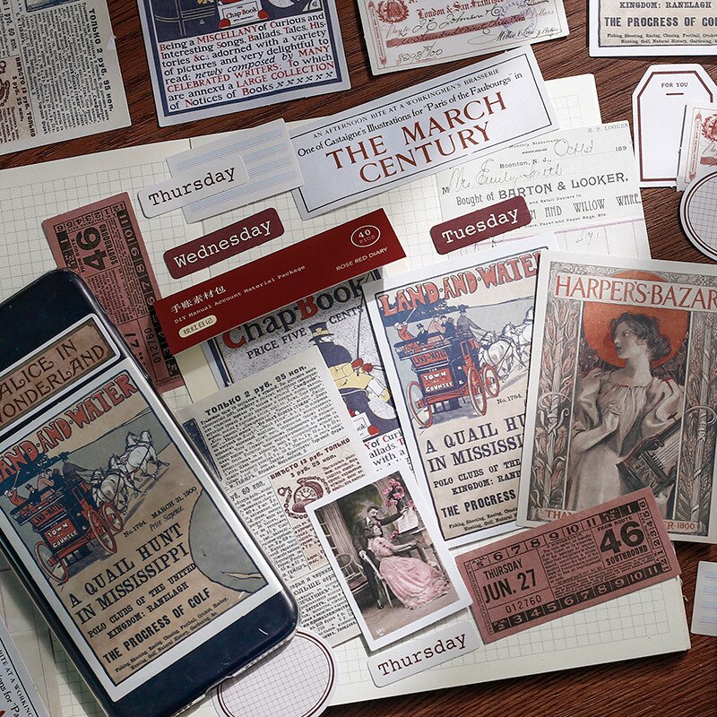 40x Vintage Stationery Stickers Newspaper Antique ticket Retro Collection Series Label Stickers Scrapbooking DIY Craft Stickers