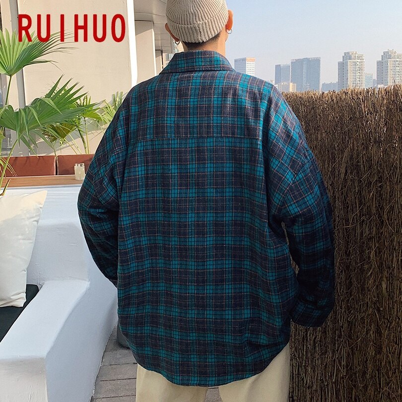 Ruihuo plaid mænd casual skjorter til mænd stor størrelse langærmet skjorte herre tøj slim fit m -2xl