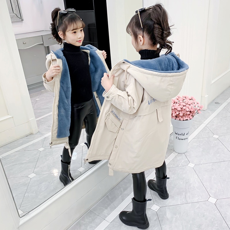 Girl clothes Winter Long coat Warm Plus Velvet Princess Cotton jacket Kid Outdoor Thick Parka Clothing Hooded Outerwear