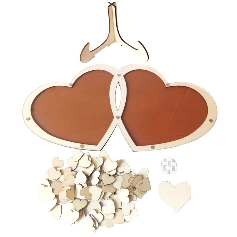 Unikt dubbelhjärta bröllop gästbok signatur skylt med 100 trä hjärtan ram rustik inredning
