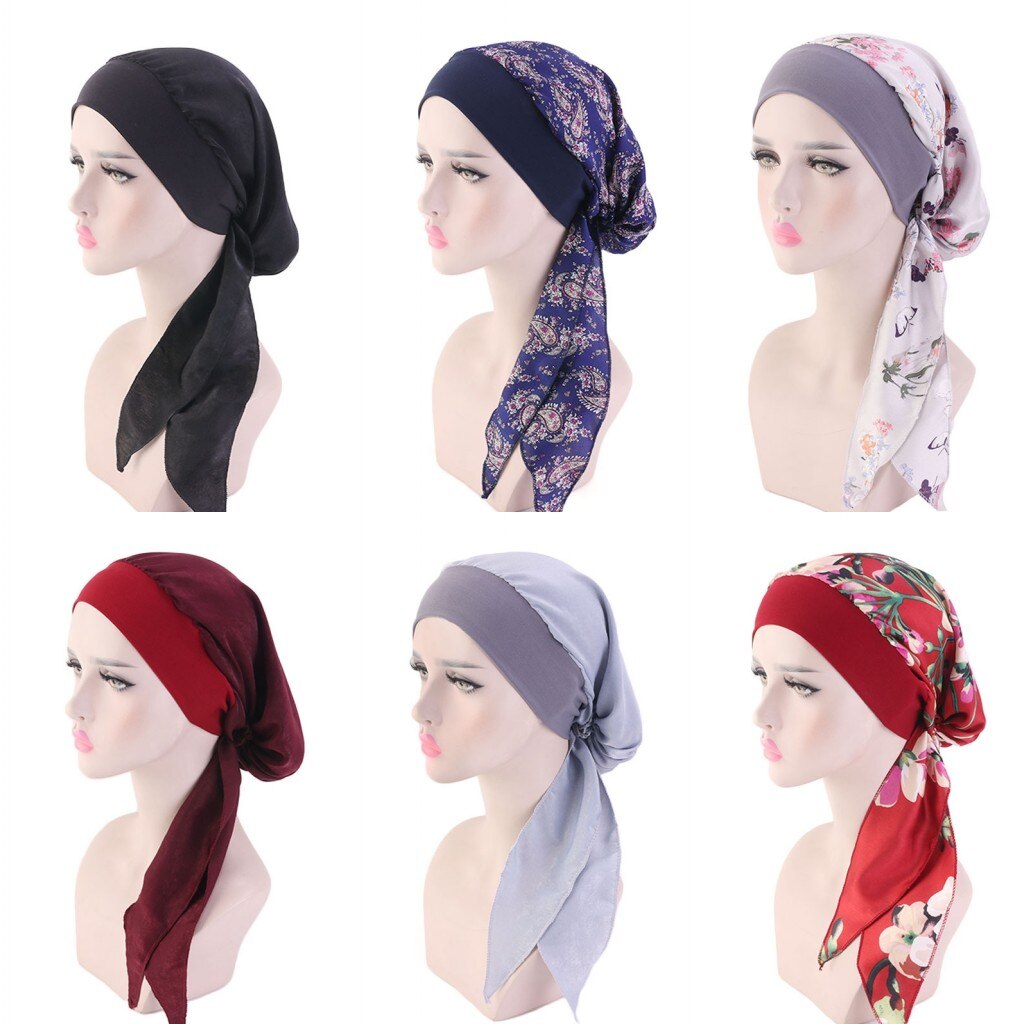 Moslim Vrouwen Gedrukt Hijaabs Hoeden Tulband Hoofd Hoofd Sjaal Chemo Kanker Cap Haaruitval Hoed Lange Staart Boog Motorkap Brede band Wrap Cap
