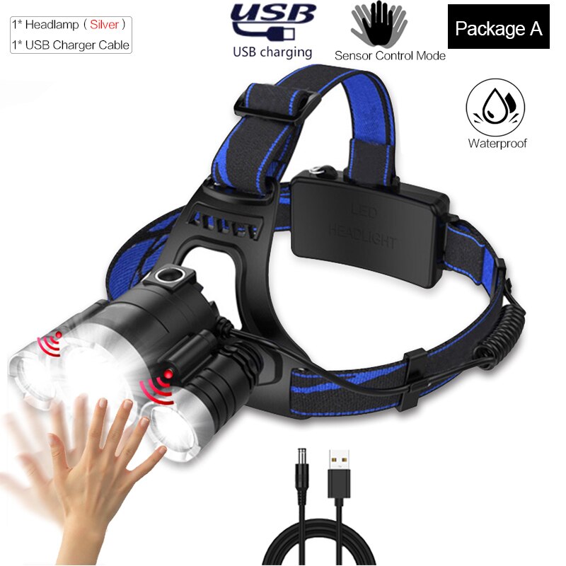Super Leistungsstarke Sensor Scheinwerfer Wiederaufladbare Körper Motion Sensor Scheinwerfer Wasserdichte LED Kopf Licht USB Kopf Vorder Taschenlampe 18650: Package A