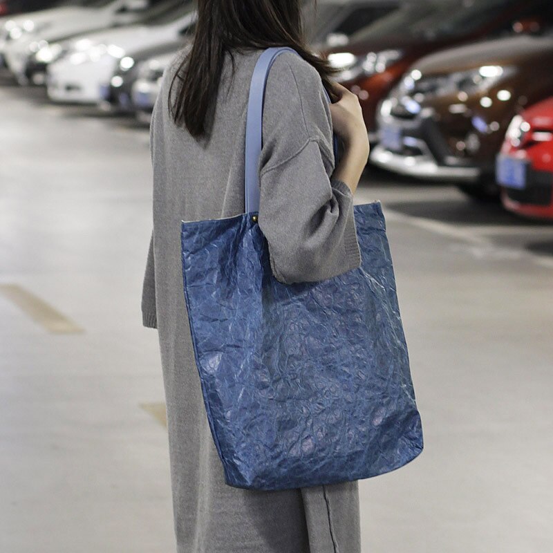 Patroon Korea Vintage Dupont Papier Handtas Effen Kleur Grote Capaciteit Pakket Casual Light Canvas Vrouw Draagtas: Blue