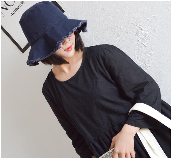 Kvinder bøttehat ensfarvet sort gul fiskerkasket bomuld lurvet forårssommersolhat bred skygge strandhat