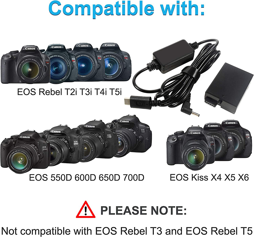 5v usb-omvandlare till dr --e8 dc- koppling lp --e8- attrapningsbatteri för eos rebel  t2i t3i t4i t5i 550d 600d 650d 700d kiss  x4,x5,x6 digital