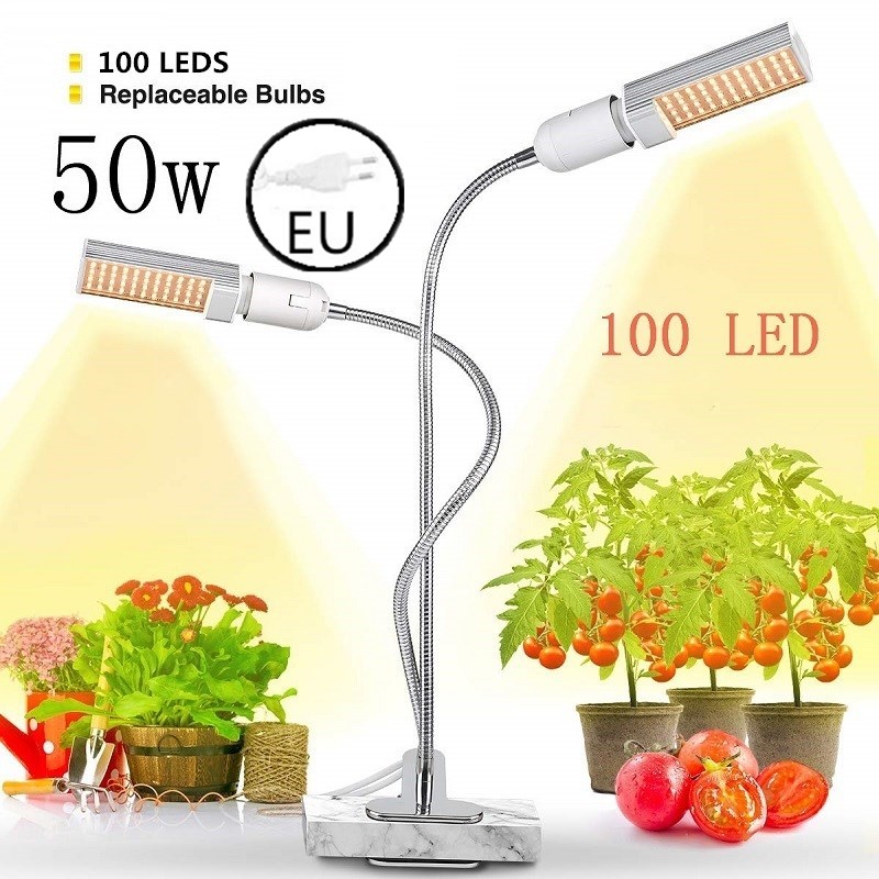 LED Plant Grow Lights Sunlike Full Spectrum 45W 50W 60W E27 Dual Head Flexible Gooseneck for Greenhouse flower Phyto lamp EU/US: 50W with EU Plug